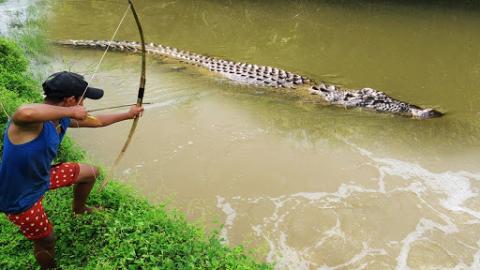 Amazing!!! Brave Boy Catches Crocodile Using Bow In Swamp